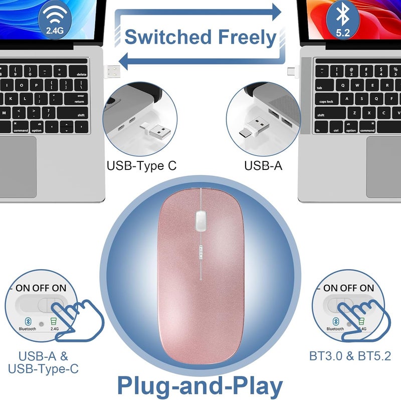 Kovess Mouse for Laptop Wireless Bluetooth - MacBook Air Mac Pro PC iPad Optical Rechargeable Silent Mouse with Jiggler Dual Mode Switch Bluetooth 5.2/3.0 and 2.4GHz USB-A and Type-C Receiver Rose Gold - Image 3